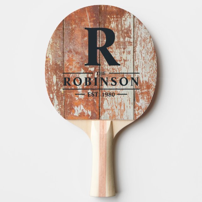 Worn Barn Wood Family Name & Initial Ping Pong Paddle (Front)