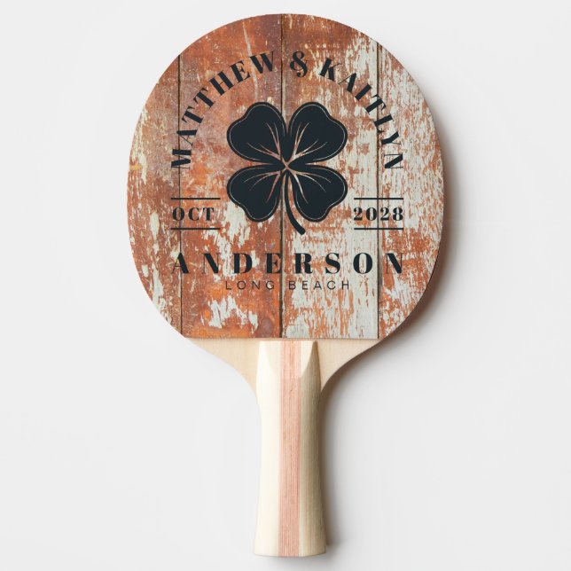 Worn Barn Wood Irish Lucky Clover Wedding Crest Ping Pong Paddle (Front)