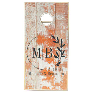 Worn Barn Wood Leaf Wedding Monogram Cornhole Set