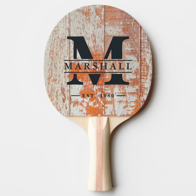 Worn Barn Wood Monogram & Name Overlay Ping Pong Paddle (Back)