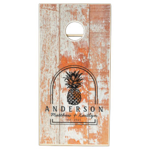 Worn Barn Wood Pineapple Wedding Arch & Name Cornhole Set