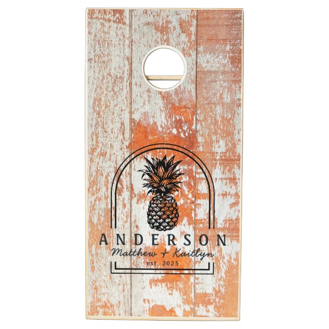 Worn Barn Wood Pineapple Wedding Arch & Name Cornhole Set (Right)