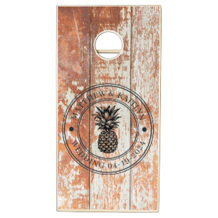 Worn Barn Wood Pineapple Wedding Crest & Names Cornhole Set