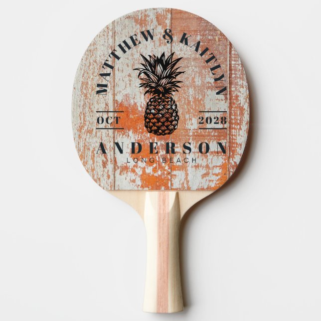 Worn Barn Wood Tropical Pineapple Wedding Crest Ping Pong Paddle (Back)