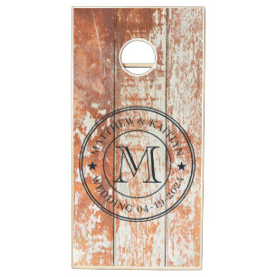Worn Barn Wood Wedding Monogram Star Cornhole Set