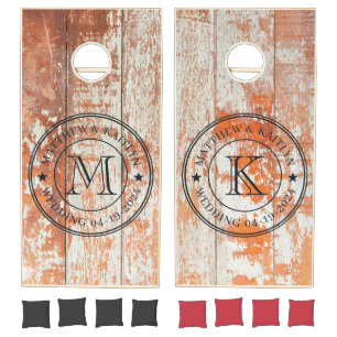 Worn Barn Wood Wedding Monogram Star Cornhole Set