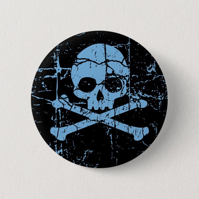 Worn Blue Skull and Crossbones Button (Front)