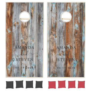 Worn Blue Wash Wood Couple Names with Wedding Date Cornhole Set