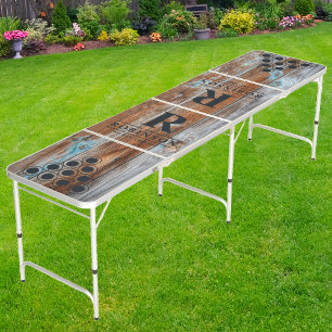 Worn Blue Wash Wood Family Name & Initial Beer Pong Table