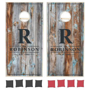 Worn Blue Wash Wood Family Name & Initial  Cornhole Set