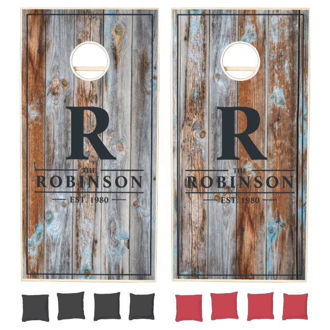 Worn Blue Wash Wood Family Name & Initial  Cornhole Set (Set)