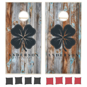 Worn Blue Wash Wood Four Leaf Clover with Name Cornhole Set