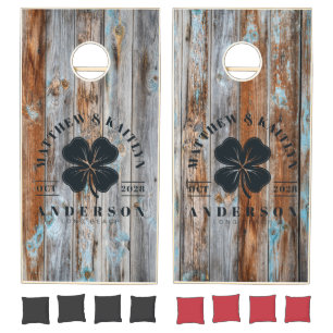 Worn Blue Wash Wood Irish Clover Wedding Crest Cornhole Set