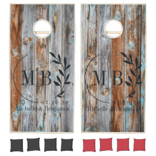 Worn Blue Wash Wood Leaf Wedding Monogram Cornhole Set