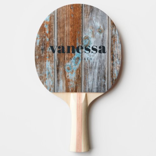 Worn Blue Wash Wood Minimal Modern Classic Name Ping Pong Paddle