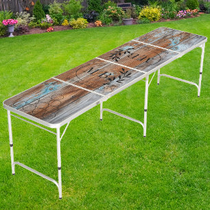 Worn Blue Wash Wood Modern Leaf Wedding Monogram Beer Pong Table