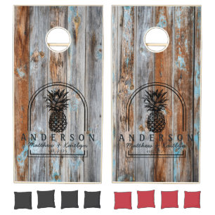 Worn Blue Wash Wood Pineapple Wedding Arch & Name Cornhole Set