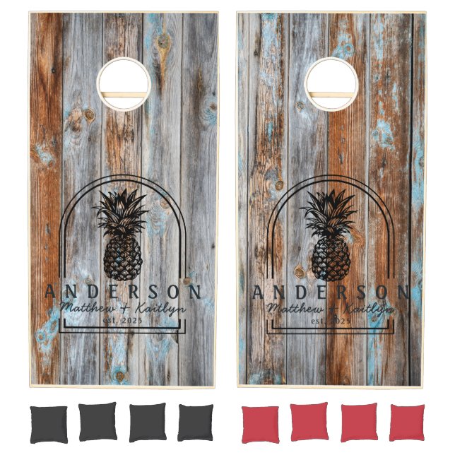 Worn Blue Wash Wood Pineapple Wedding Arch & Name Cornhole Set (Set)