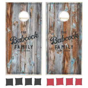 Worn Blue Wash Wood Retro Family Name & Year Cornhole Set