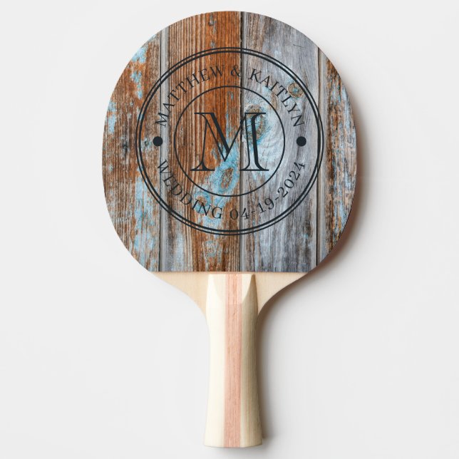 Worn Blue Wash Wood Wedding Monogram Ping Pong Paddle (Front)