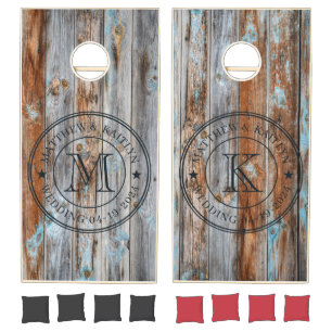 Worn Blue Wash Wood Wedding Monogram Star Cornhole Set