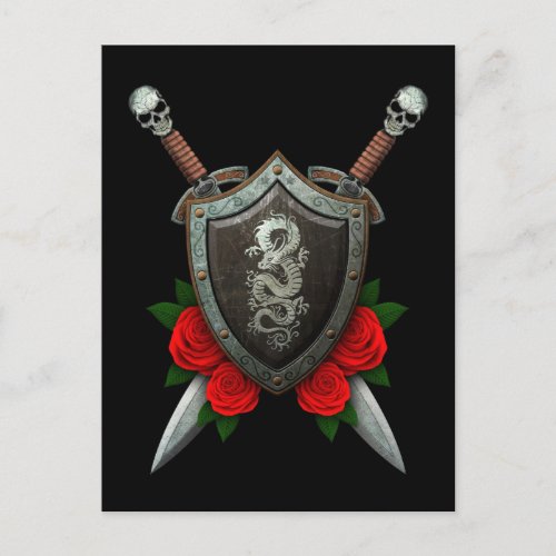 Worn Chinese Dragon Shield and Swords with Roses Postcard