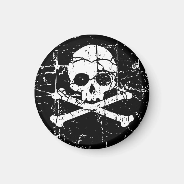 Worn Cracked Skull and Crossbones Magnet (Front)