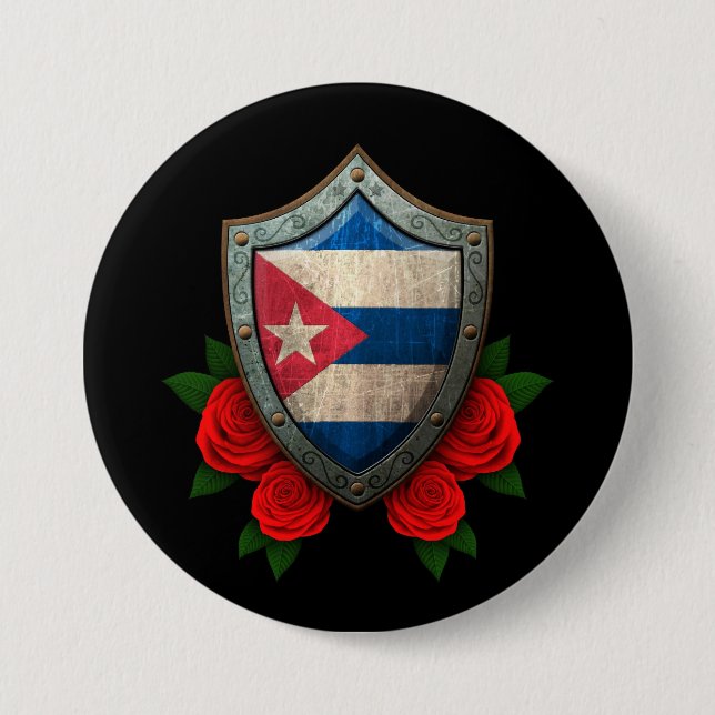 Worn Cuban Flag Shield with Red Roses Button (Front)