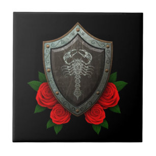 Worn Decorated Scorpion Shield with Red Roses Tile