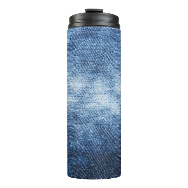 Worn denim fabric, textured background. thermal tumbler (Front)