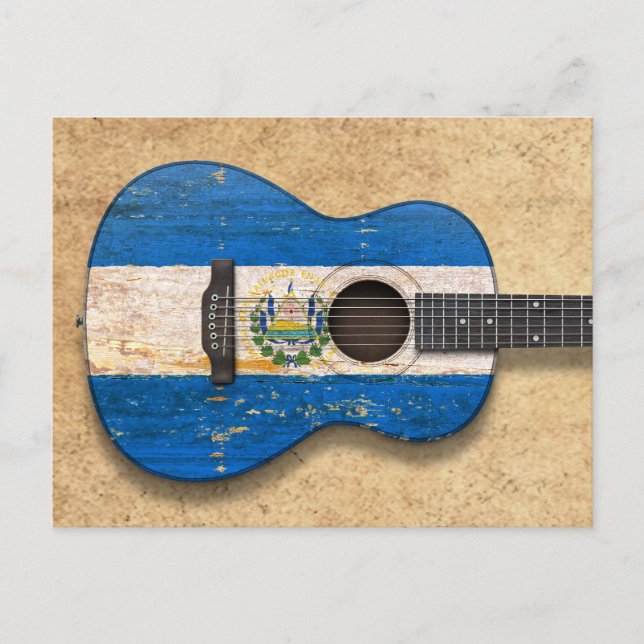 Worn El Salvador Flag Acoustic Guitar Postcard (Front)