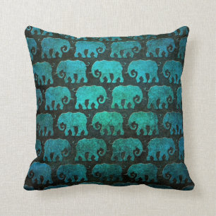 Worn Elephant Silhouettes Pattern, blue Throw Pillow