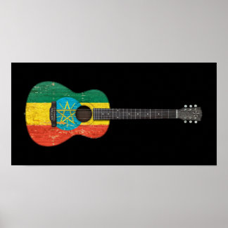 Worn Ethiopian Flag Acoustic Guitar, black Poster