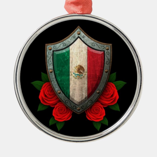 Worn Mexican Flag Shield with Red Roses Metal Ornament (Front)