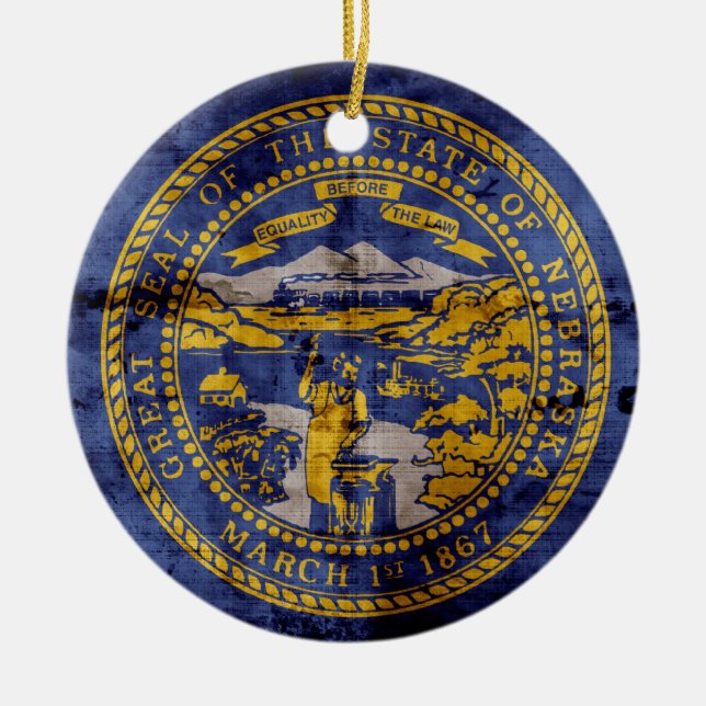 Worn Nebraska Flag; Ceramic Ornament (Front)