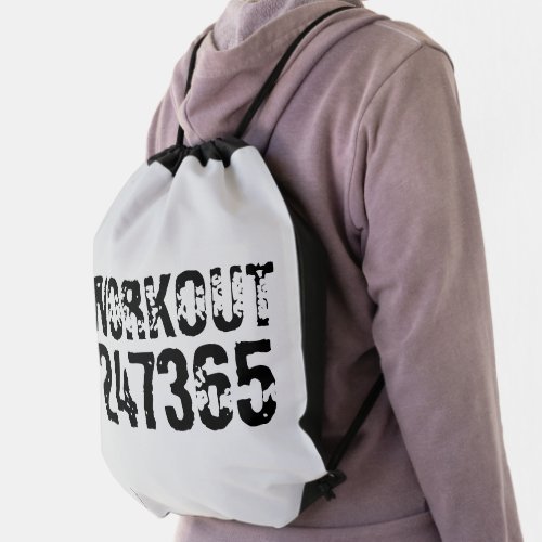 Worn out and scratched text Workout 247365 black Drawstring Bag