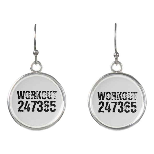 Worn out and scratched text Workout 247365 black Earrings (Front)