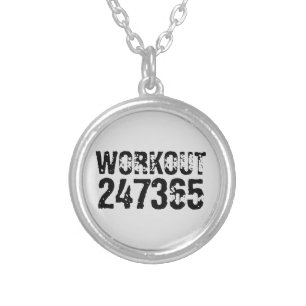 Worn out and scratched text Workout 247365 black Silver Plated Necklace