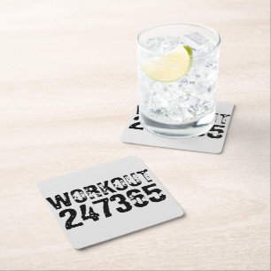 Worn out and scratched text Workout 247365 black Square Paper Coaster