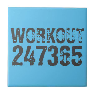 Worn out and scratched text Workout 247365 blue Ceramic Tile