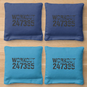 Worn out and scratched text Workout 247365 blue Cornhole Bags