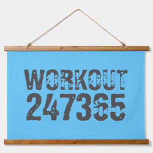Worn out and scratched text Workout 247365 blue  Hanging Tapestry