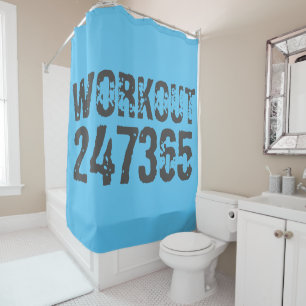 Worn out and scratched text Workout 247365 blue Shower Curtain