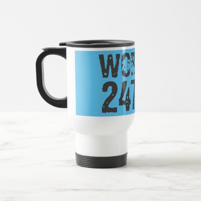 Worn out and scratched text Workout 247365 blue Travel Mug (Left)