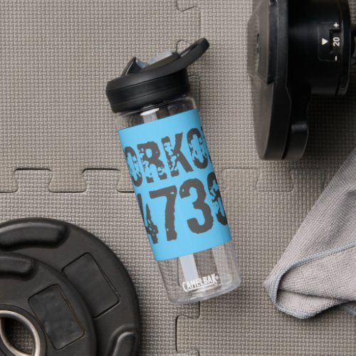 Worn out and scratched text Workout 247365 blue Water Bottle