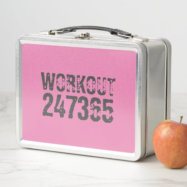 Worn out and scratched text Workout 247365 pink Metal Lunch Box (In Situ)