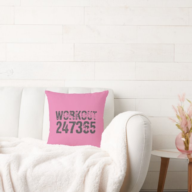 Worn out and scratched text Workout 247365 pink Throw Pillow (Couch)