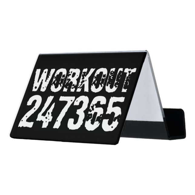 Worn out and scratched text Workout 247365 white Desk Business Card Holder (Angled Back)