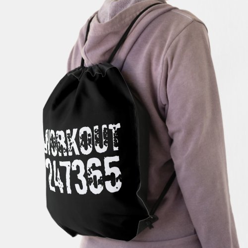 Worn out and scratched text Workout 247365 white Drawstring Bag
