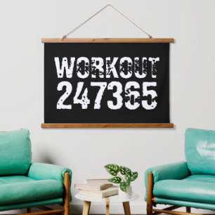 Worn out and scratched text Workout 247365 white Hanging Tapestry